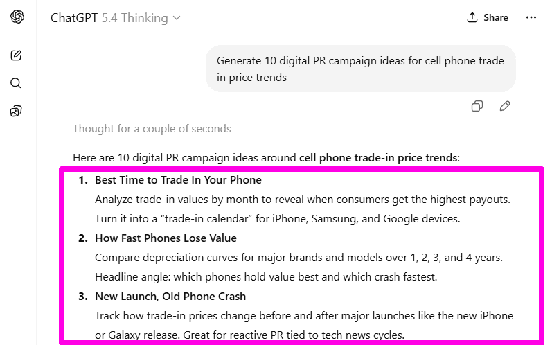 ChatGPT generating 10 digital PR campaign ideas