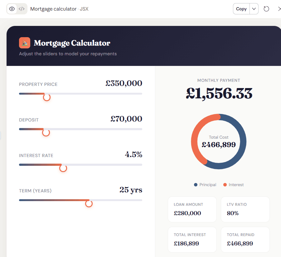 AI-built mortgage calculator tool with interactive inputs and results
