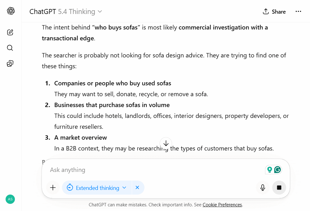 ChatGPT analysing search intent for a target keyword
