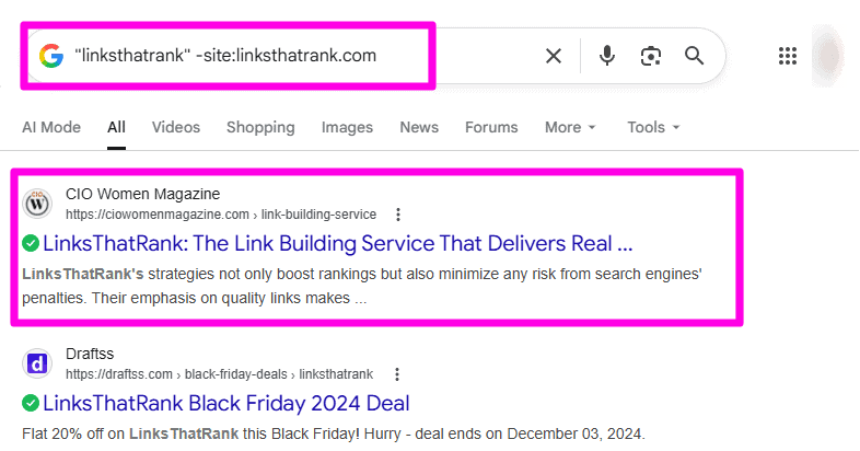 Google search results showing unlinked brand mentions using search operators