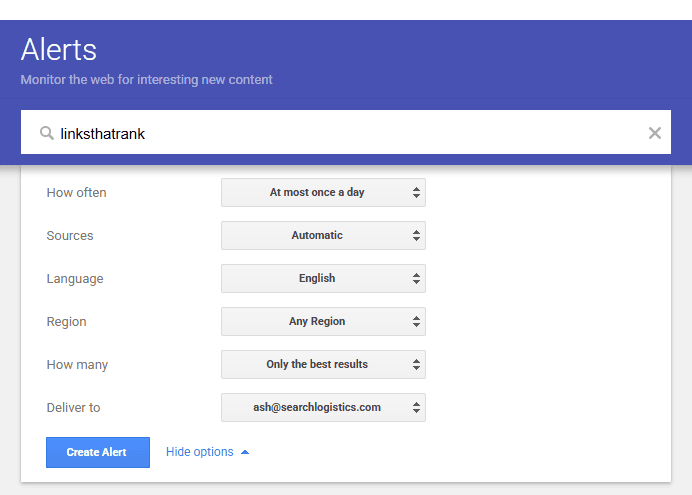 Google Alerts setup page showing brand monitoring alerts configured