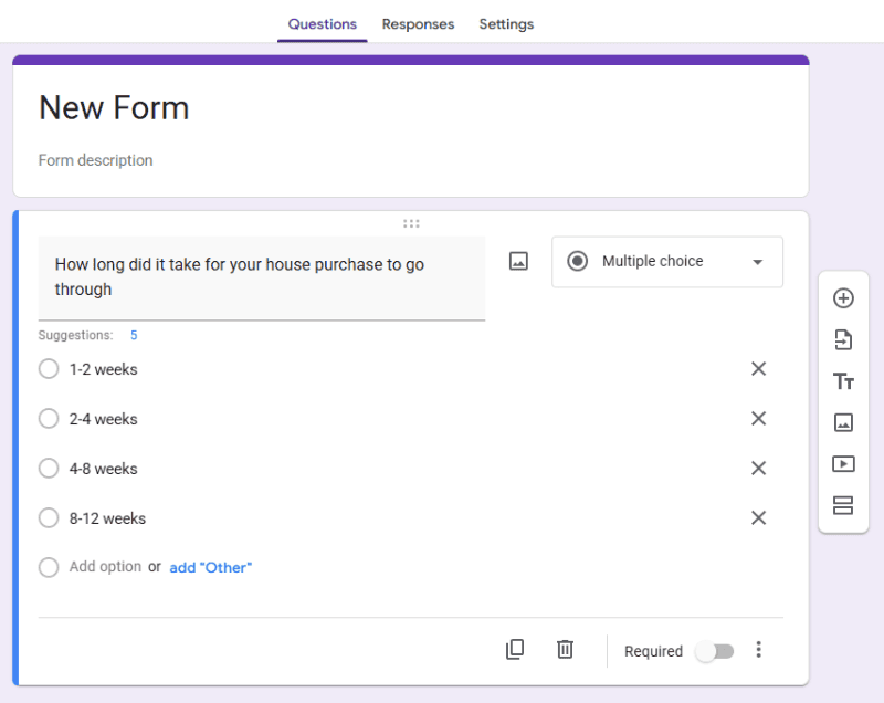 Google Forms survey builder with example questions
