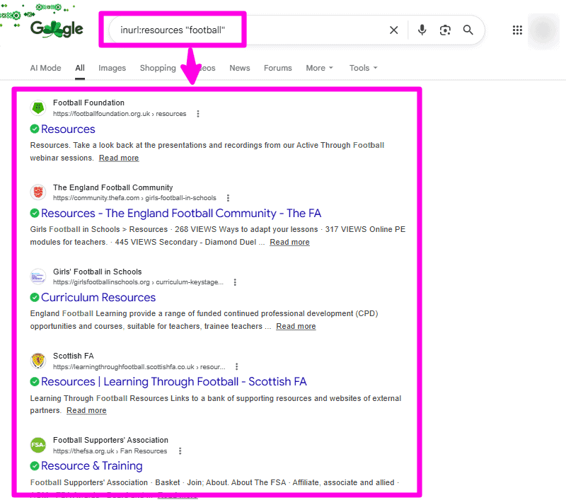 Google search results showing resource page opportunities in a niche