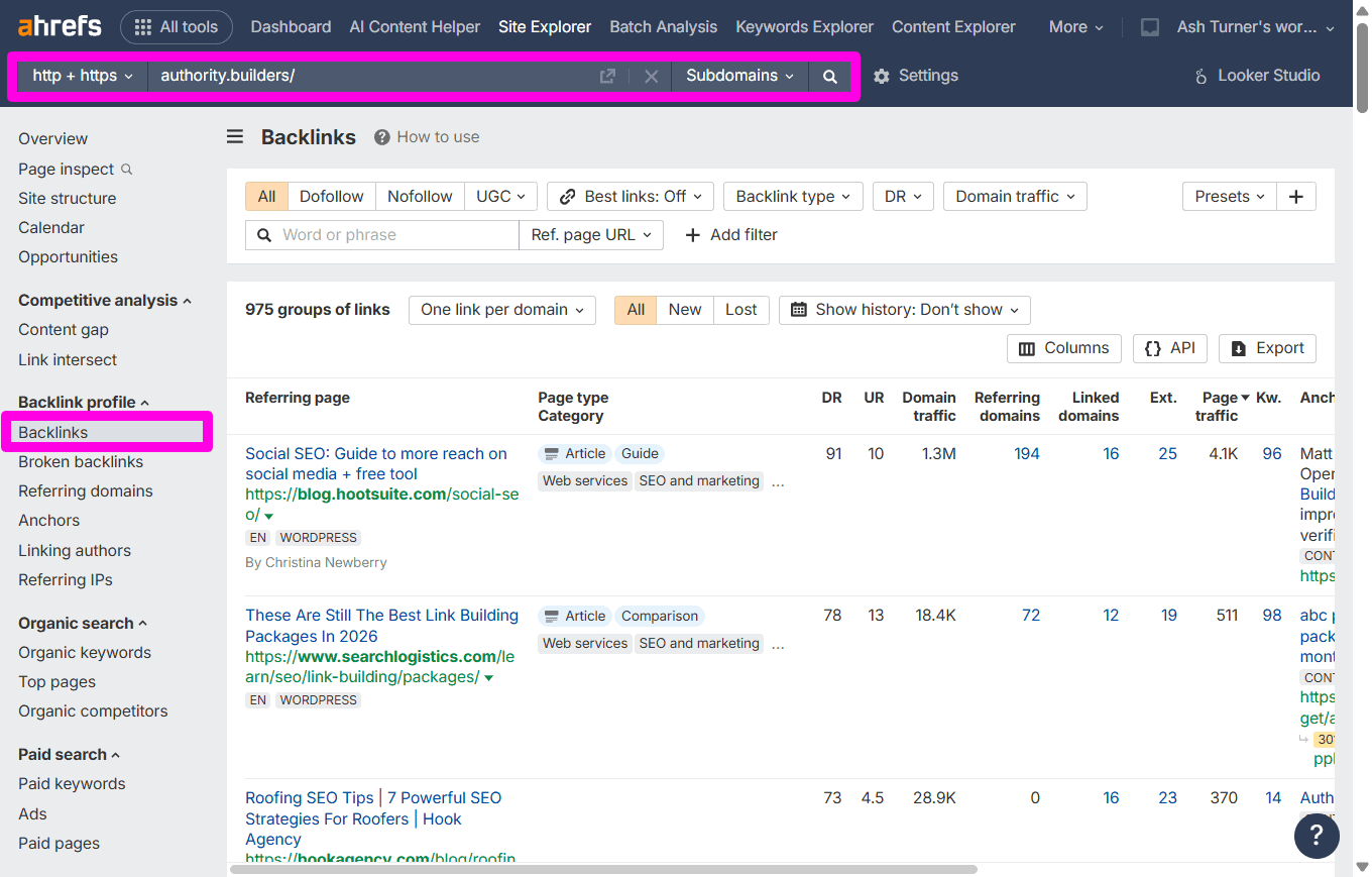 Ahrefs Backlinks report for a competitor domain