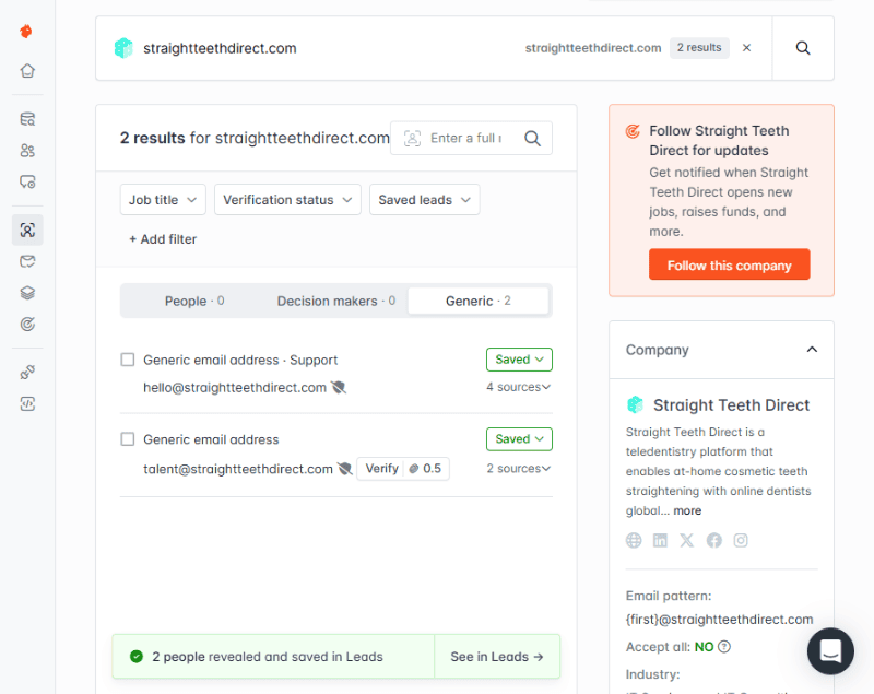 Hunter.io showing email results for a target website 