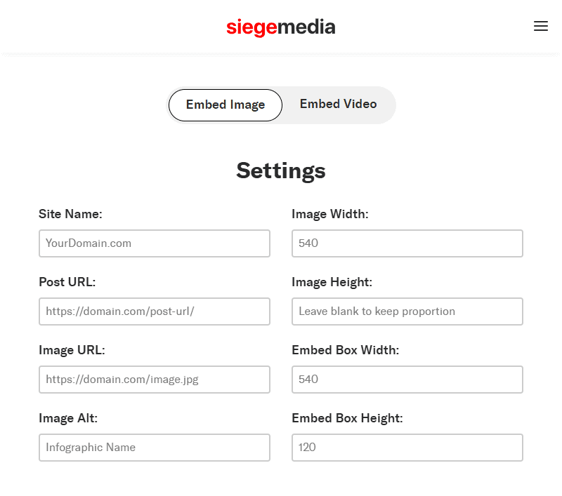 Siege Media embed code generator tool