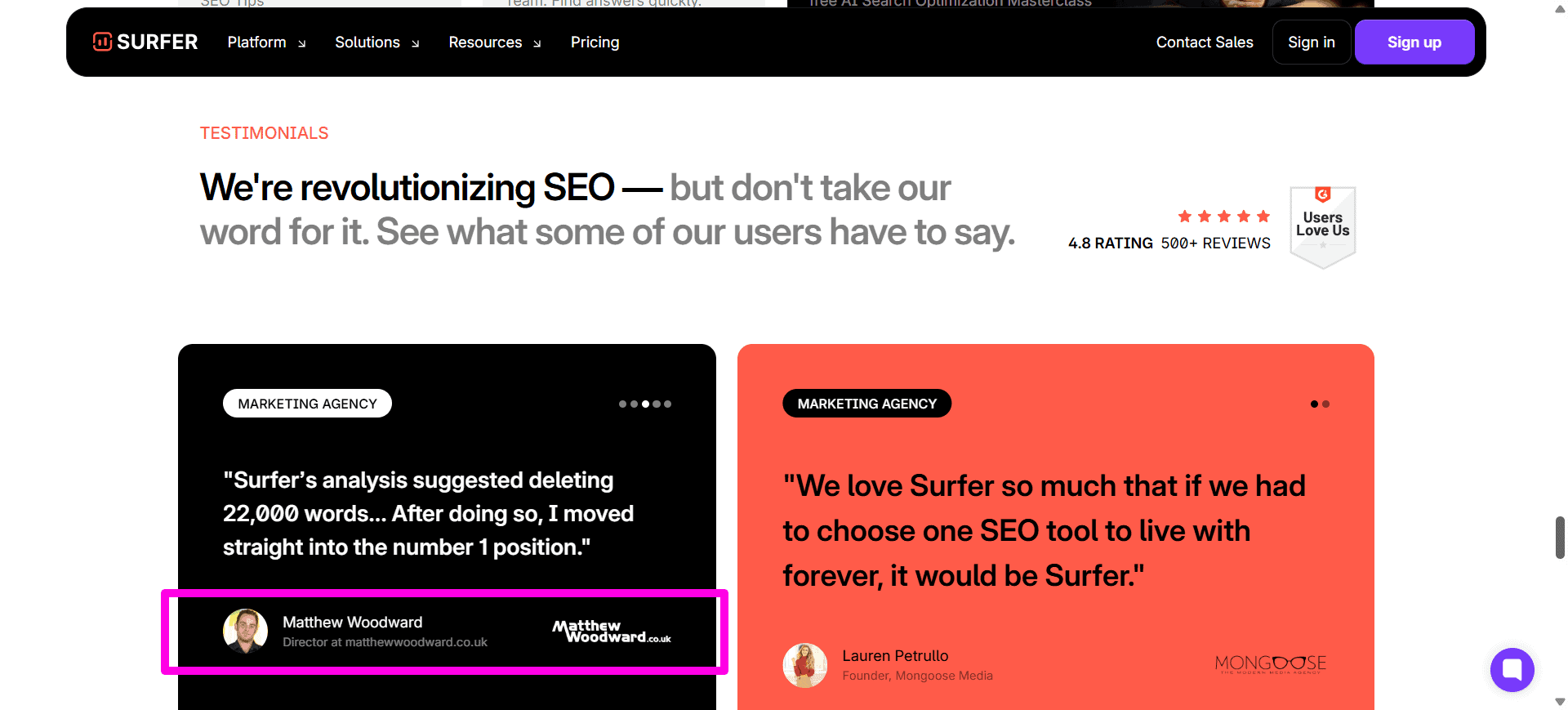 a website testimonial section showing backlinks to testimonial author websites