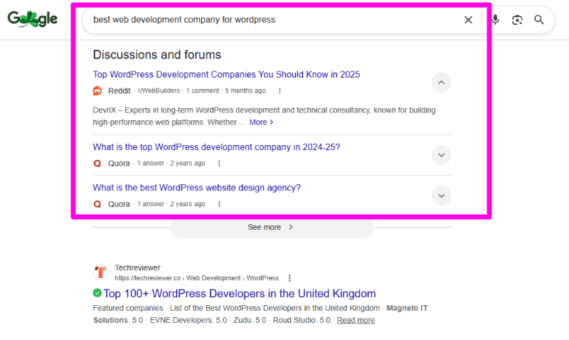 Google SERP showing Reddit threads ranking prominently for a keyword