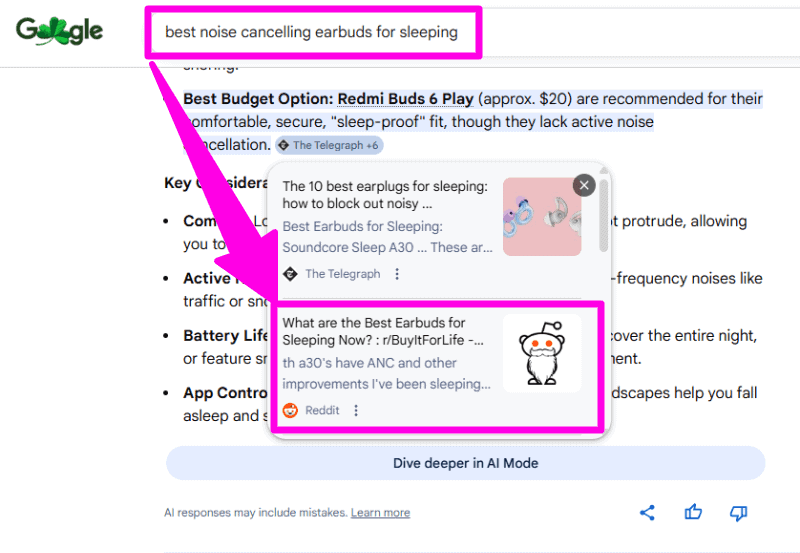 Google AI Overview citing Reddit thread content