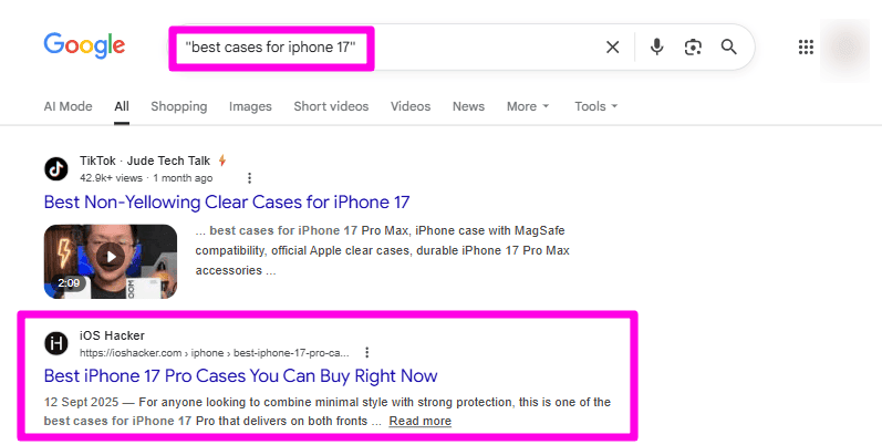 Google SERP for a target keyword showing potential link insert opportunities